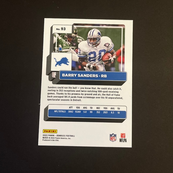 Barry Sanders: Detroit Lions, Running Back 2022 Panini Donruss Press Proof #93 - Picture 2 of 2